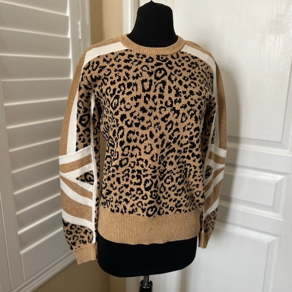 Current/Elliott | The Duvall Sweater Mixed Leopard Print & Stripes - Size 0 (XS) - Picture 2 of 5